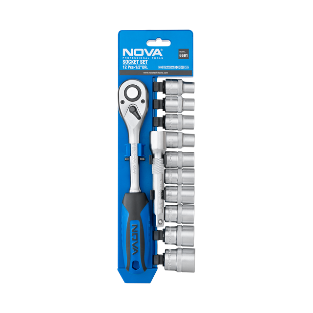 ست بکس 1/2 اینچ 12 پارچه با سطح کروم مات و نگهدارنده پلاستیکی NOVA 6691